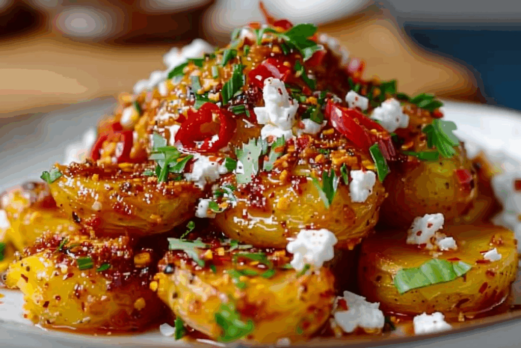 Crispy Smashed Potatoes with Spiced Chili Oil and Feta Cloud