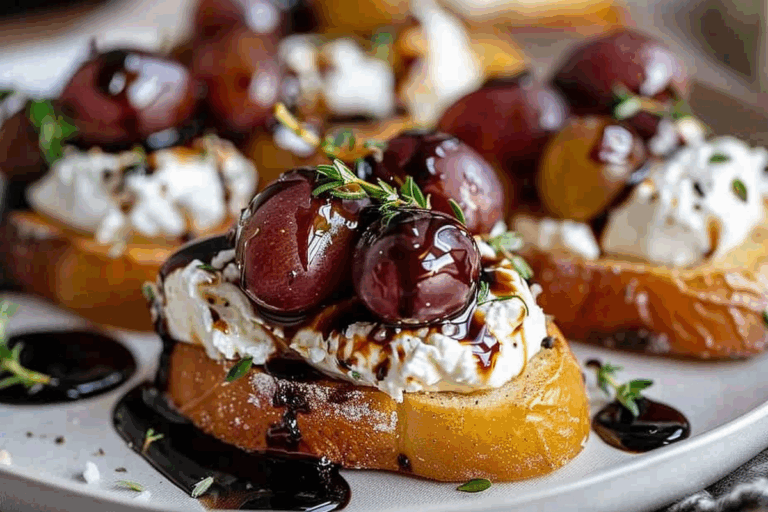 Roasted Grape & Burrata Crostini with Balsamic Glaze & Thyme