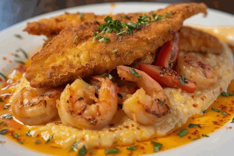 Southern Fried Catfish over Shrimp and Creamy Cheese Grits