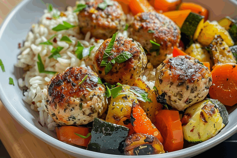 Ultimate Herb Chicken Meatball Bowl with Roasted Veggies & Rice