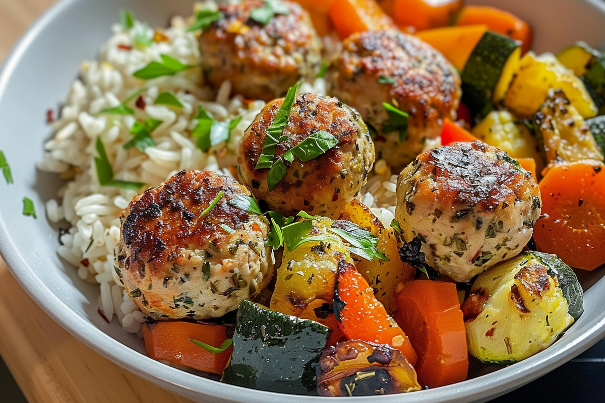 Ultimate Herb Chicken Meatball Bowl with Roasted Veggies & Rice