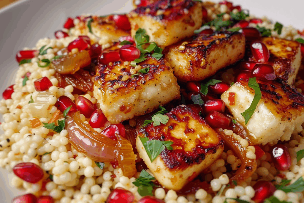 Warm Couscous with Caramelized Onion Halloumi & Pomegranate