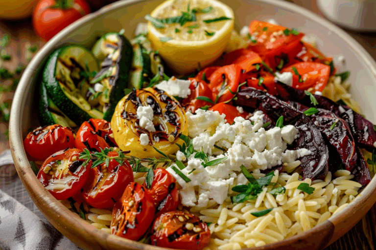 Lemon Orzo Bowl with Feta Roasted Veggies & Honey Dressing