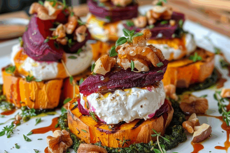 Sweet Potato Bites with Burrata Beets & Walnut Sage Drizzle