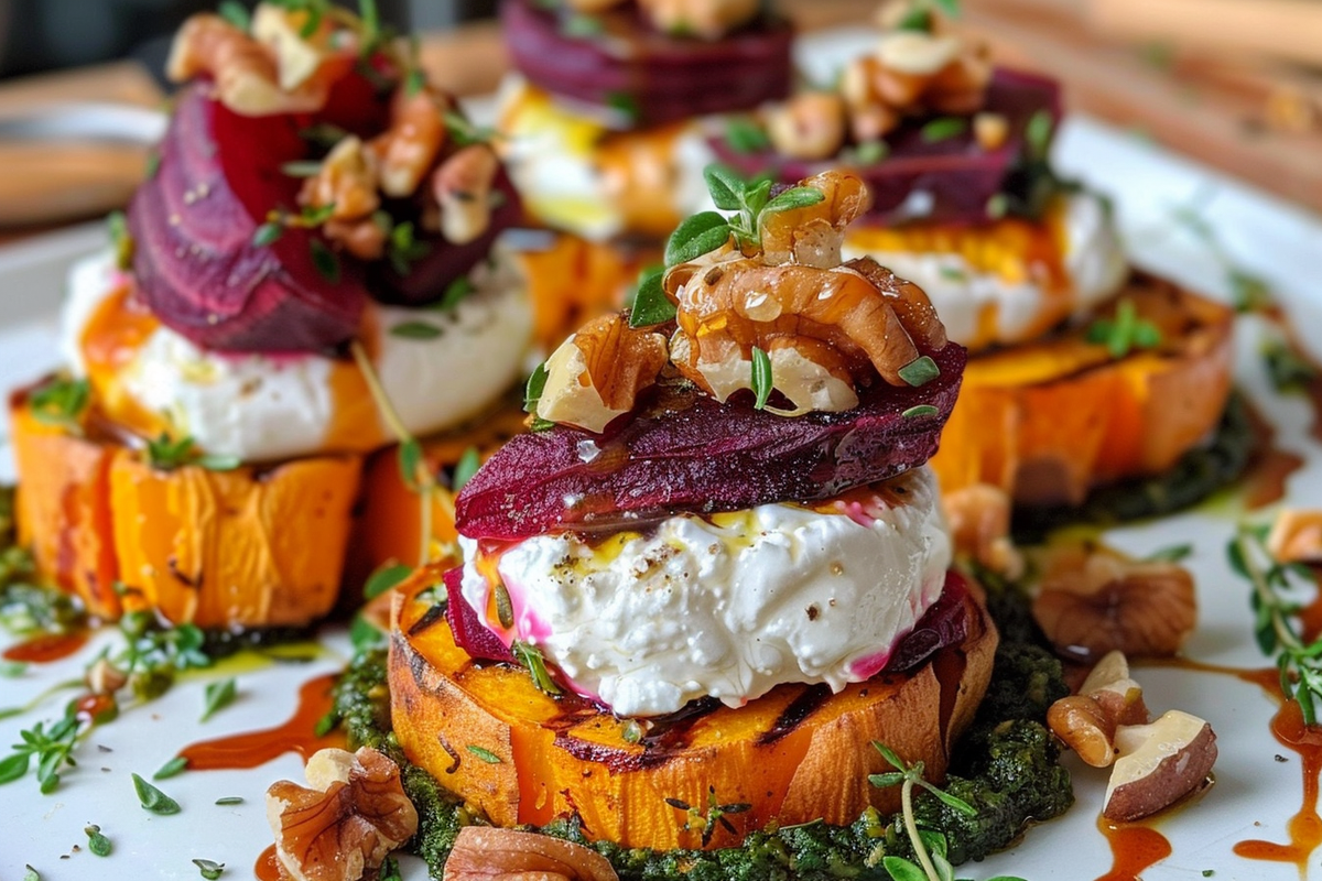 Sweet Potato Bites with Burrata Beets & Walnut Sage Drizzle