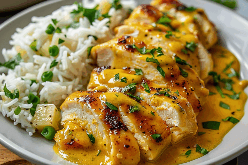 Golden Honey Mustard Chicken with Fluffy Rice