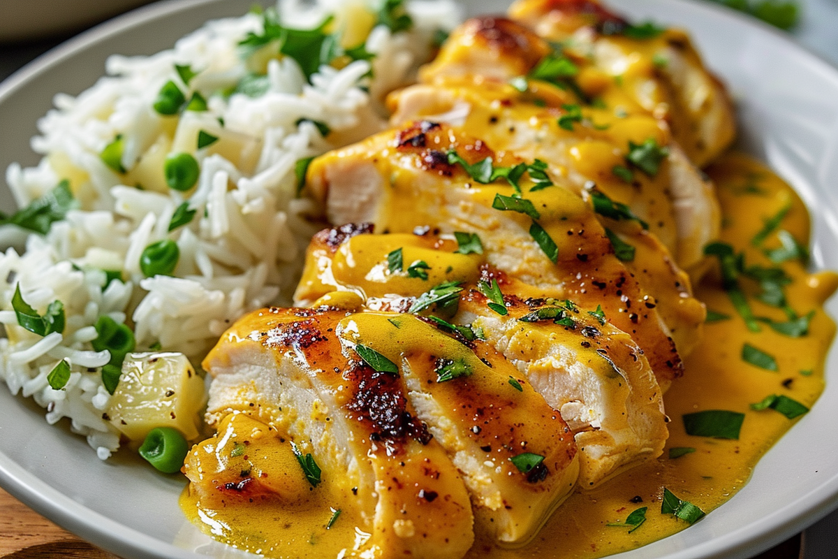 Golden Honey Mustard Chicken with Fluffy Rice