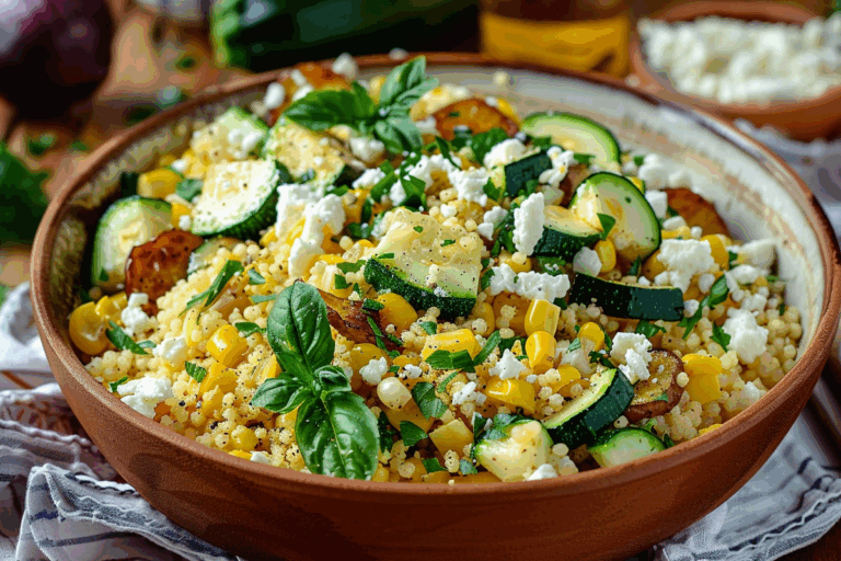 Summer Couscous Bowl with Zucchini Corn & Feta Crumble