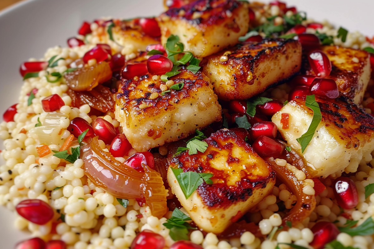 Warm Couscous with Caramelized Onion Halloumi & Pomegranate