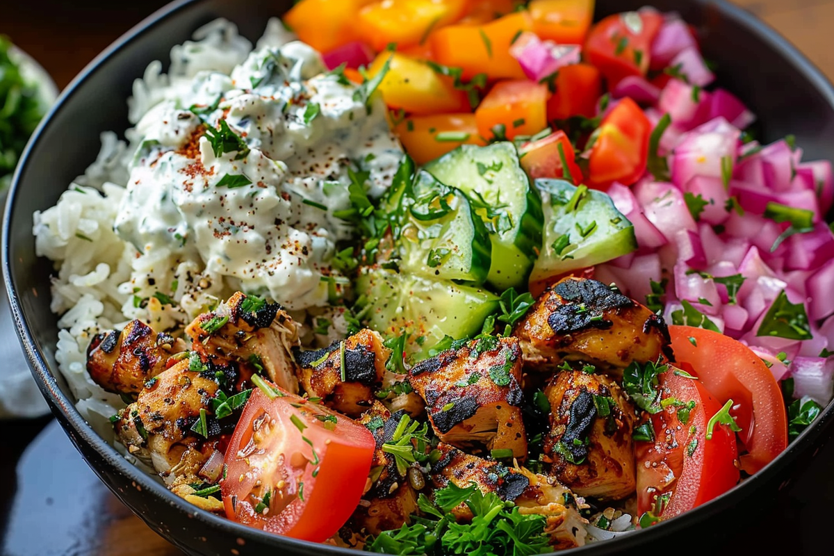 Next-Level Greek-Style Chicken Bowl with Rice Tzatziki & Colorful Toppings