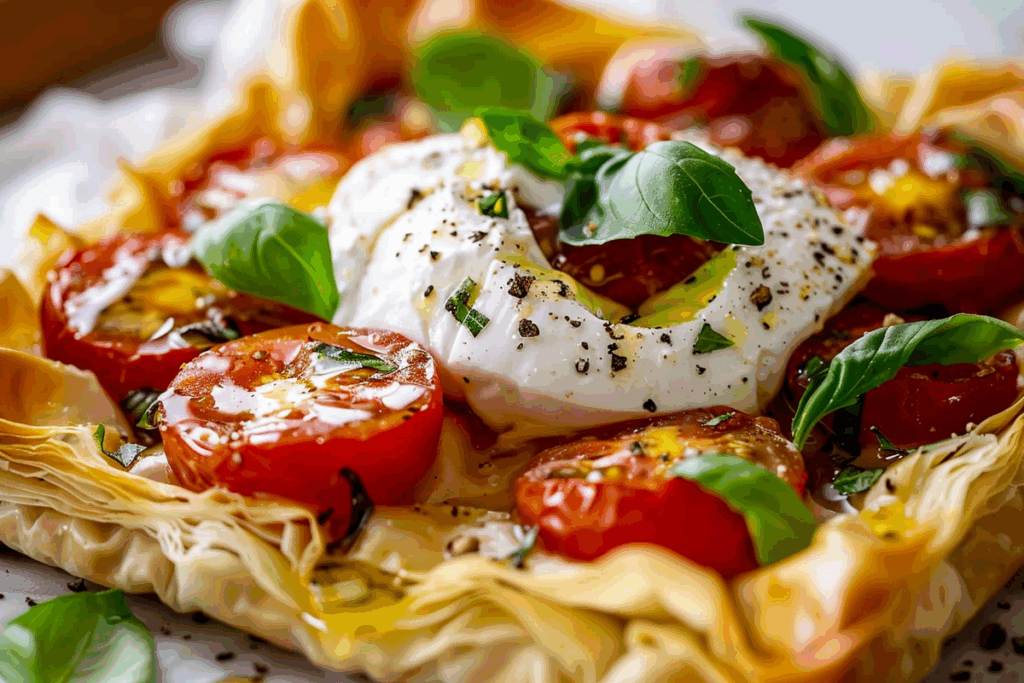 Hidden Burrata Phyllo Tart with Tomato & Basil Oil