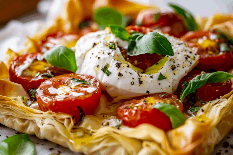 Hidden Burrata Phyllo Tart with Tomato & Basil Oil