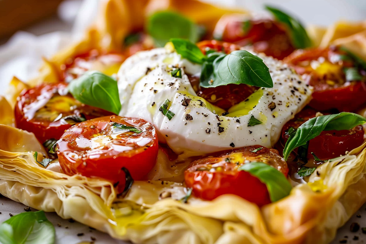 Hidden Burrata Phyllo Tart with Tomato & Basil Oil