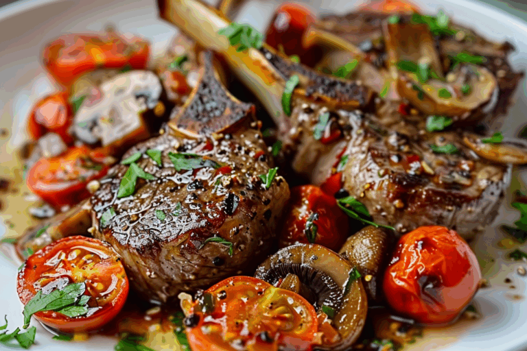 Marinated Greek Lamb Chops with Mushrooms and Tomatoes