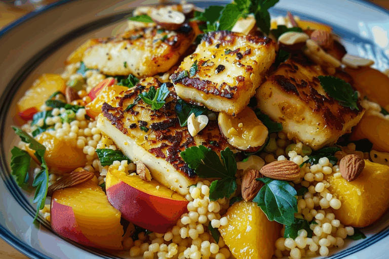 Lemon Couscous with Halloumi Toasted Almonds and Peach