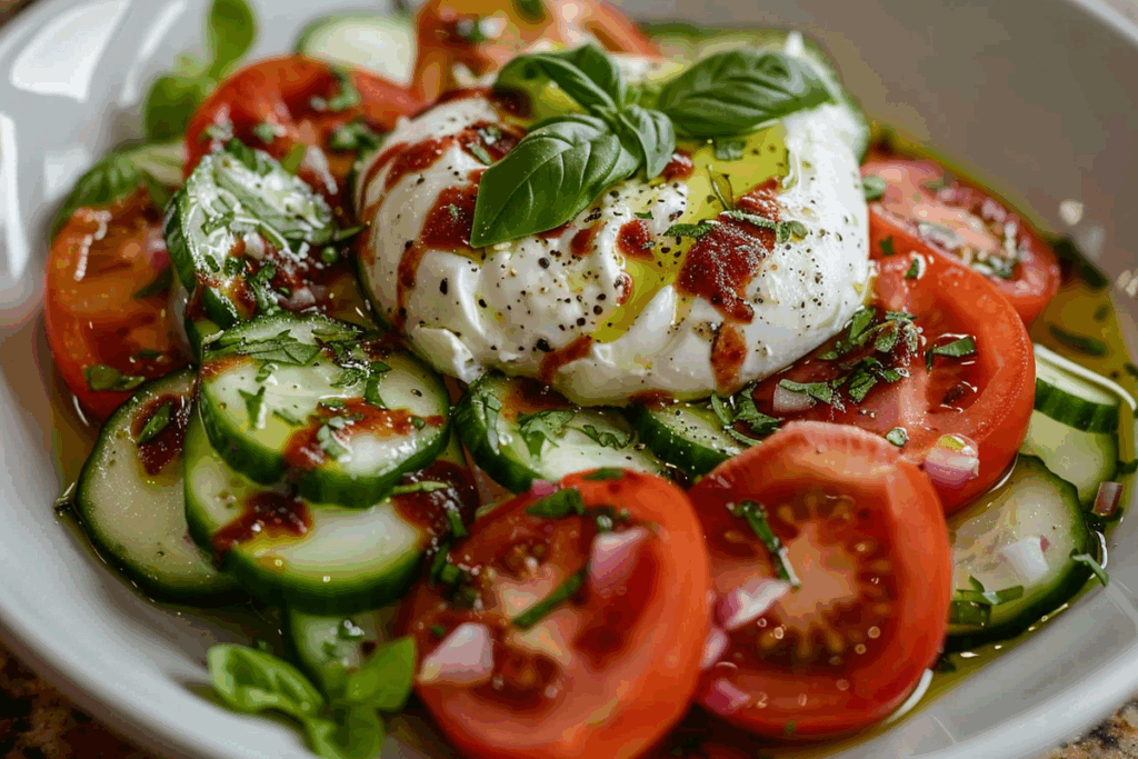 Tomato & Cucumber Salad with Burrata & Basil Oil