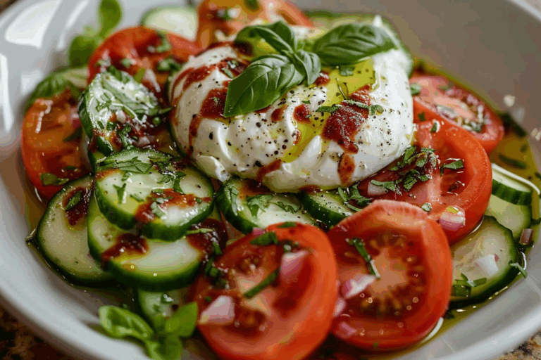 Tomato & Cucumber Salad with Burrata & Basil Oil