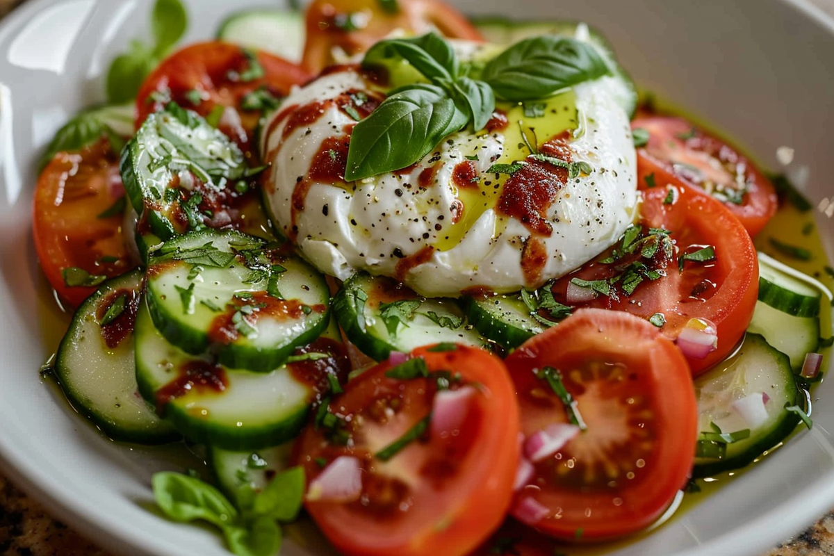 Tomato & Cucumber Salad with Burrata & Basil Oil