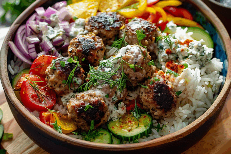 Epic Greek-Style Meatball Rice Bowl