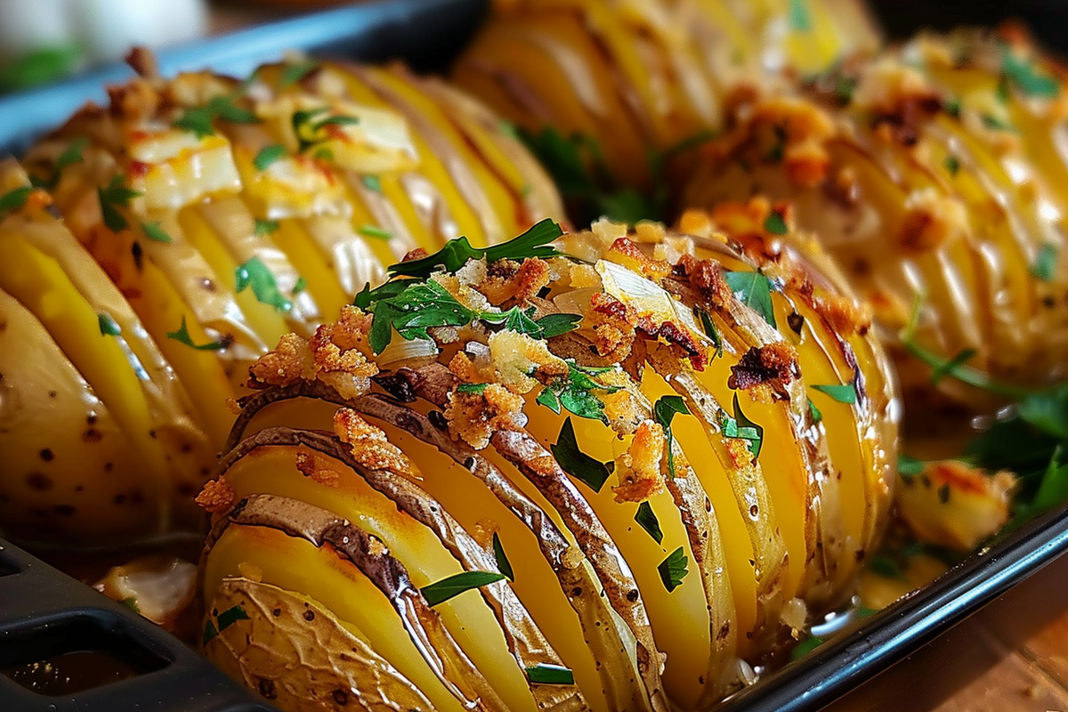 Golden Hasselback Potatoes with Crispy Garlic