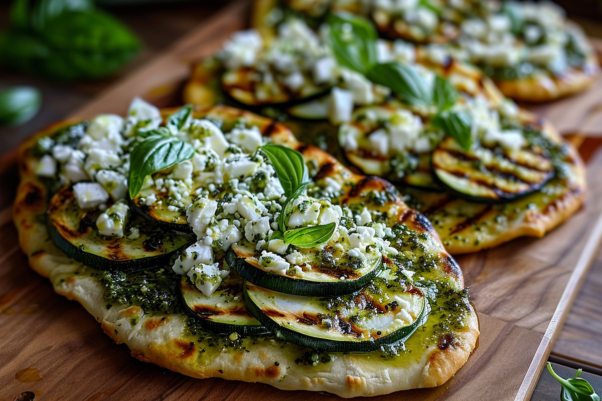 Grilled Flatbread with Pesto Zucchini & Feta