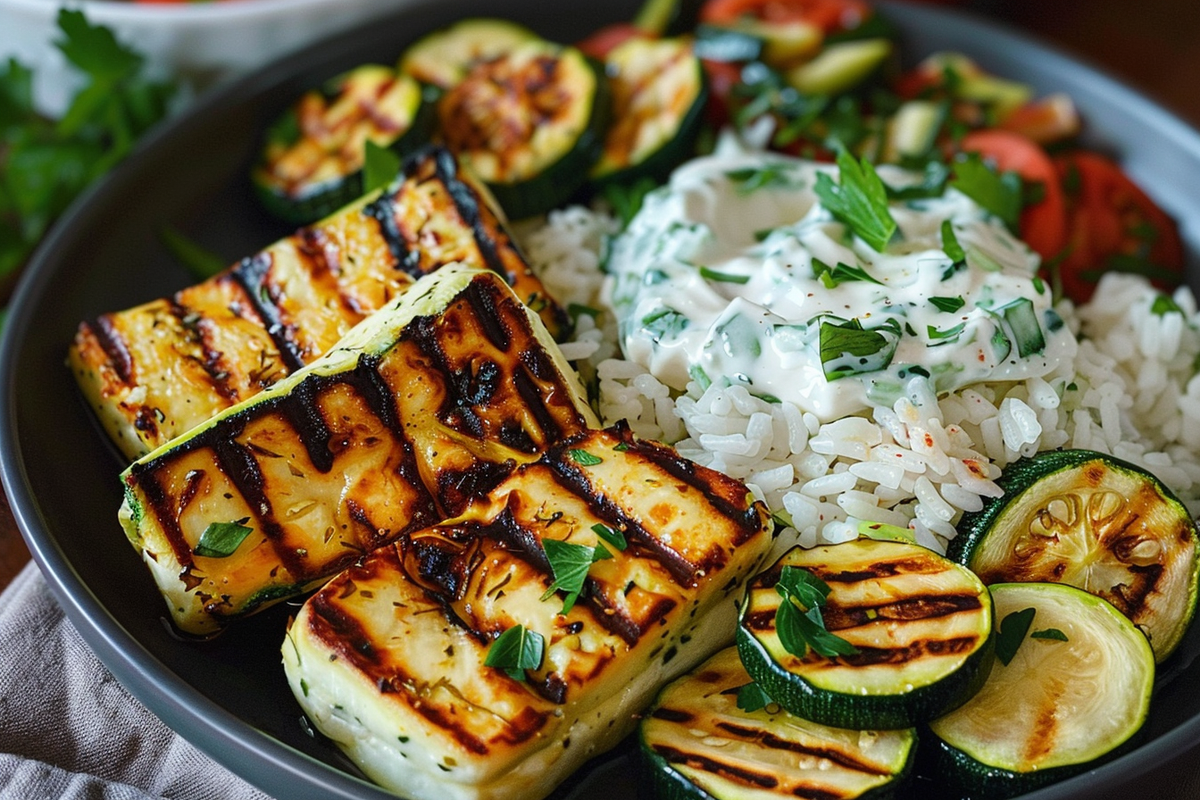 Halloumi & Zucchini Grill Plate with Rice & Fresh Herb Yogurt