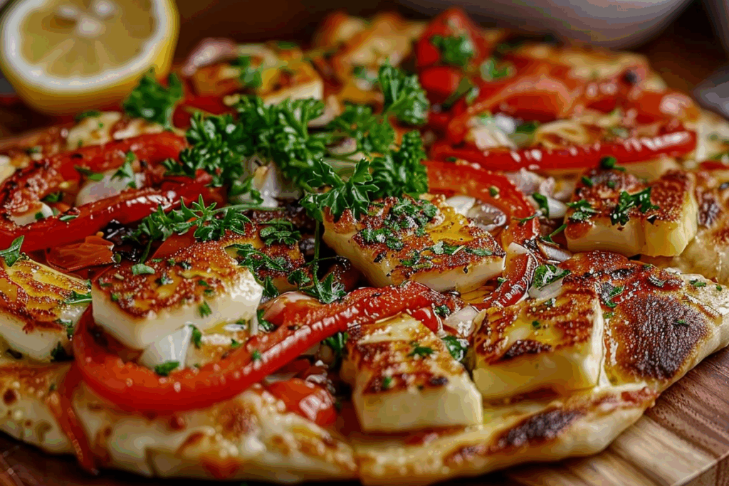 Halloumi & Roasted Red Pepper Flatbread with Lemon Dressing