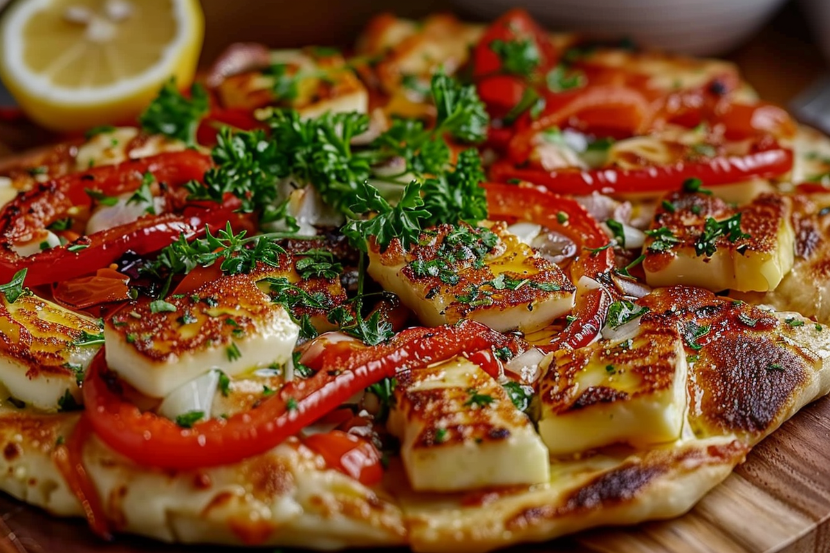Halloumi & Roasted Red Pepper Flatbread with Lemon Dressing