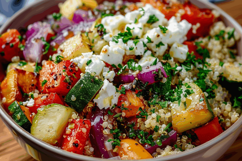 Quinoa Salad with Roasted Veggies Feta & Honey Dressing