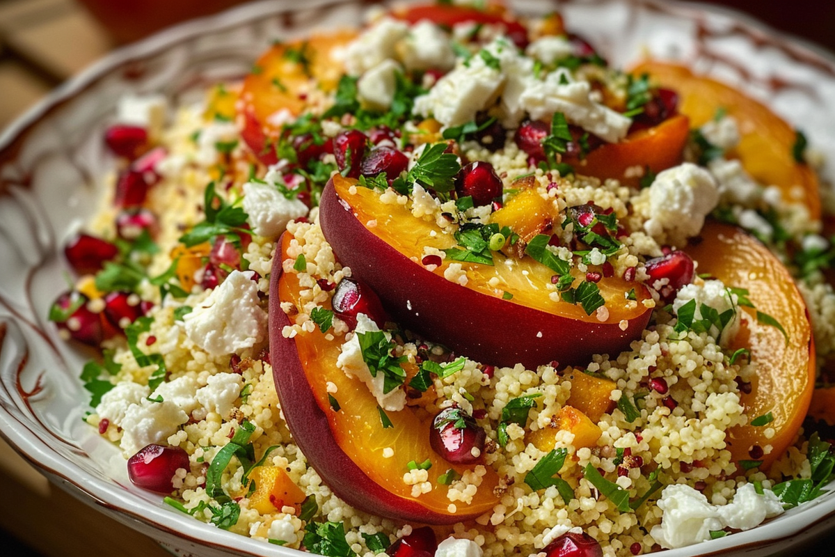 Herby Couscous with Roasted Peaches Pomegranate & Feta