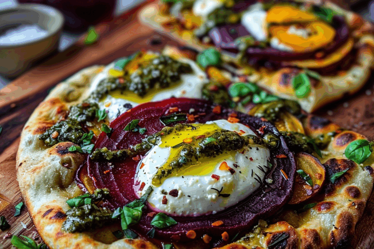 Flatbread with Burrata Roasted Beets and Sage Pesto Drizzle