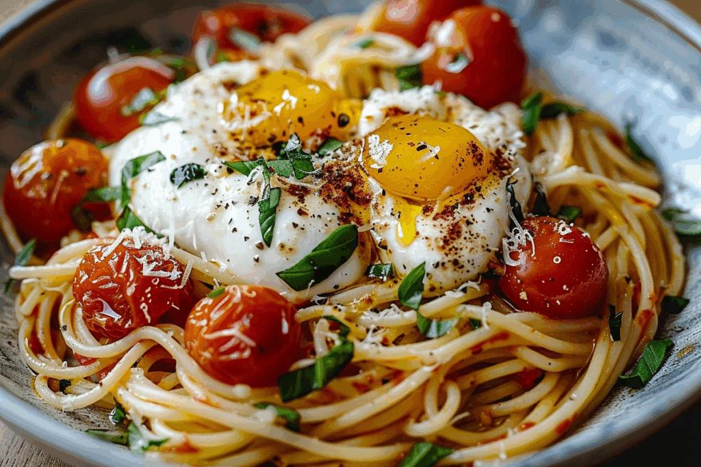 Roasted Cherry Tomato And Burrata Spaghetti With Basil Oil