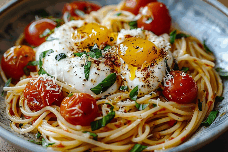 Roasted Cherry Tomato And Burrata Spaghetti With Basil Oil