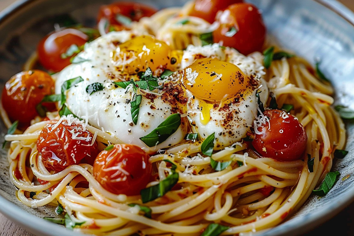 Roasted Cherry Tomato And Burrata Spaghetti With Basil Oil