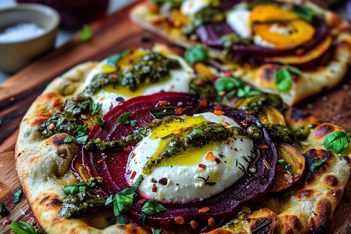Flatbread with Burrata Roasted Beets and Sage Pesto Drizzle