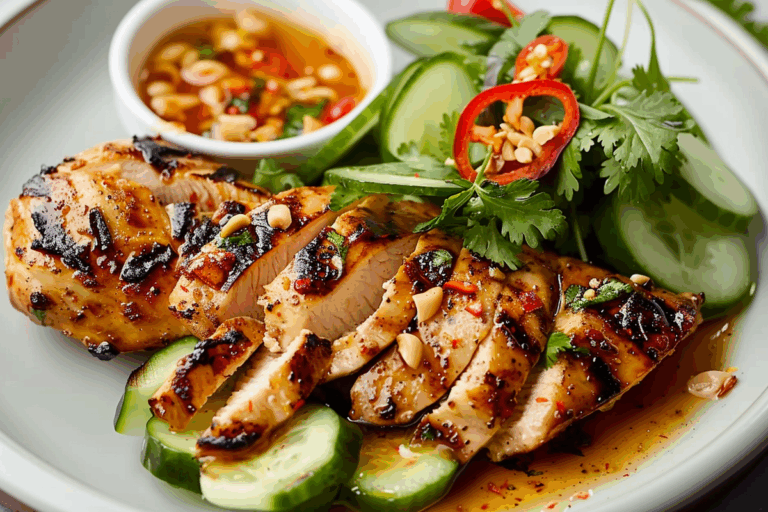 Grilled Chicken Breast with Nước Mắm Pha & Cucumber Salad
