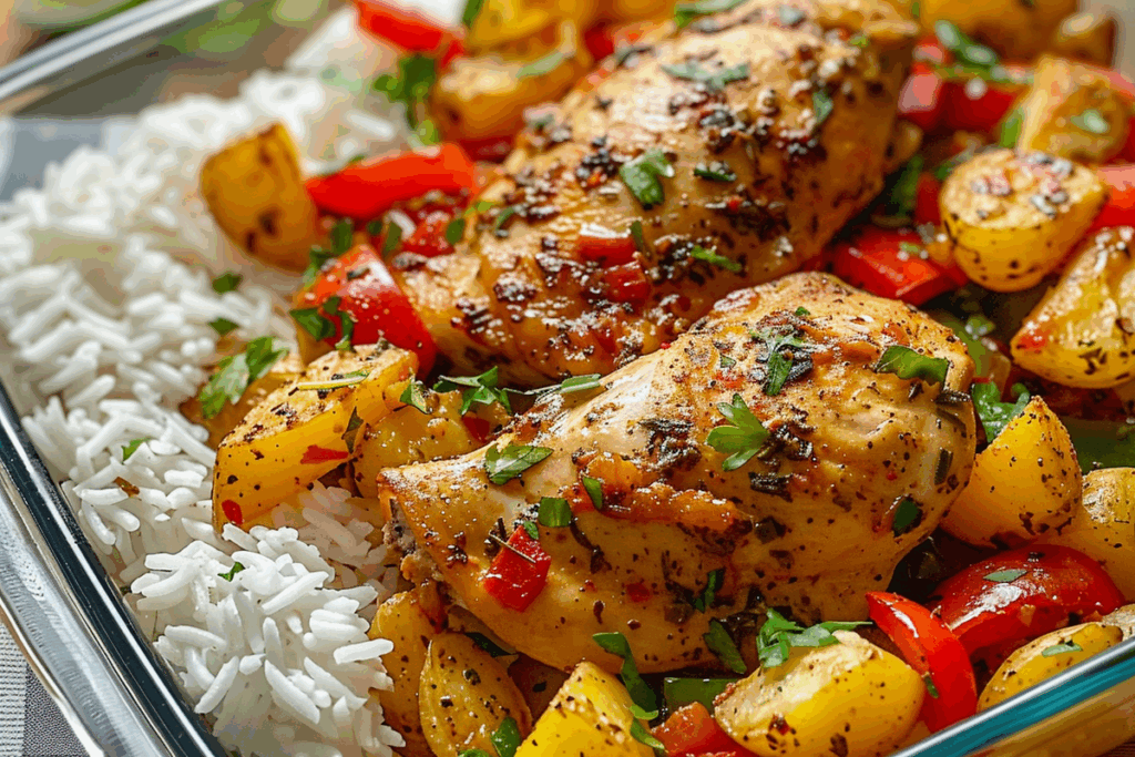 Herb-Seasoned Chicken with Golden Potatoes Colorful Peppers and White Rice