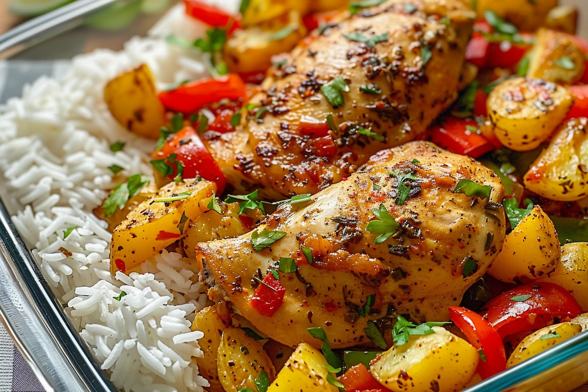 Herb-Seasoned Chicken with Golden Potatoes Colorful Peppers and White Rice
