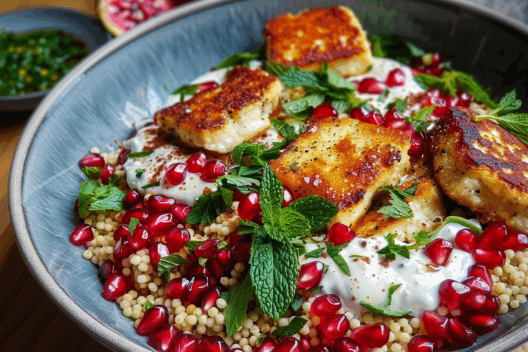Pomegranate Halloumi Couscous Bowls with Mint Yogurt