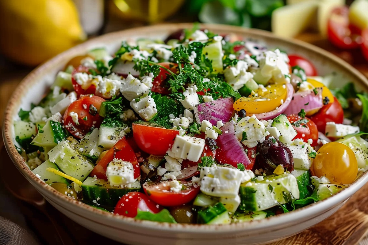Greek Salad with Lemon Herb Dressing & Feta Crumble