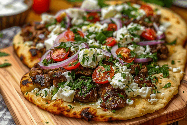 Greek Lamb Flatbread with Feta & Tzatziki