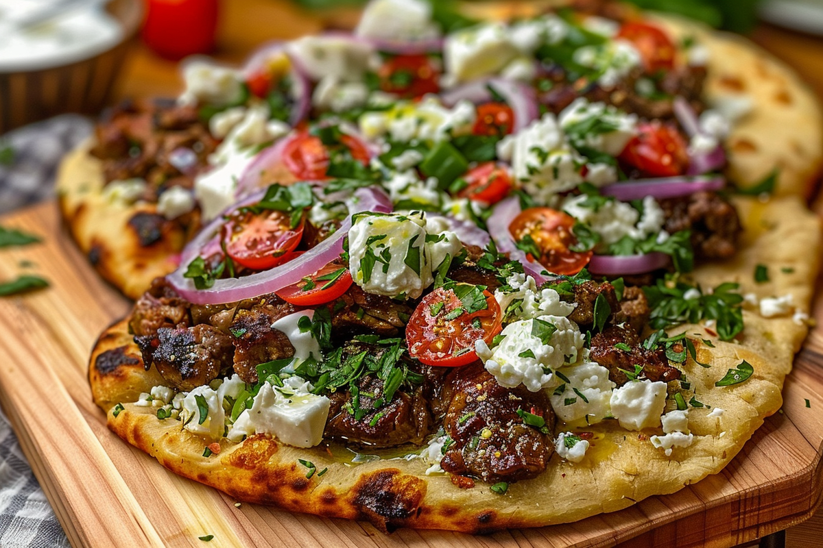 Greek Lamb Flatbread with Feta & Tzatziki