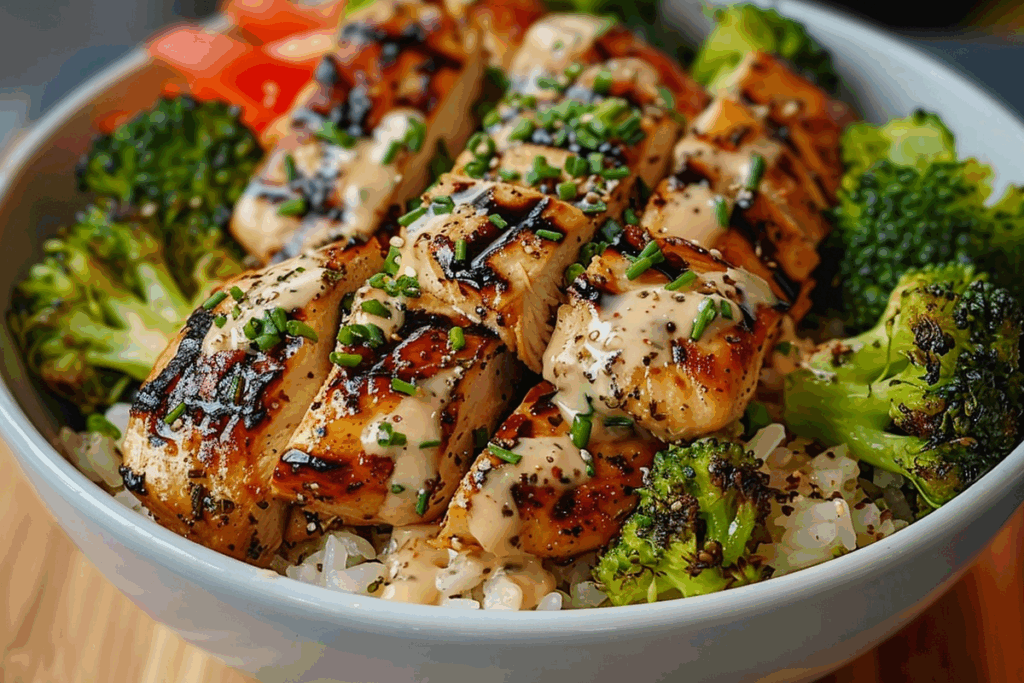 Epic Creamy Garlic Grilled Chicken & Broccoli Rice Bowl