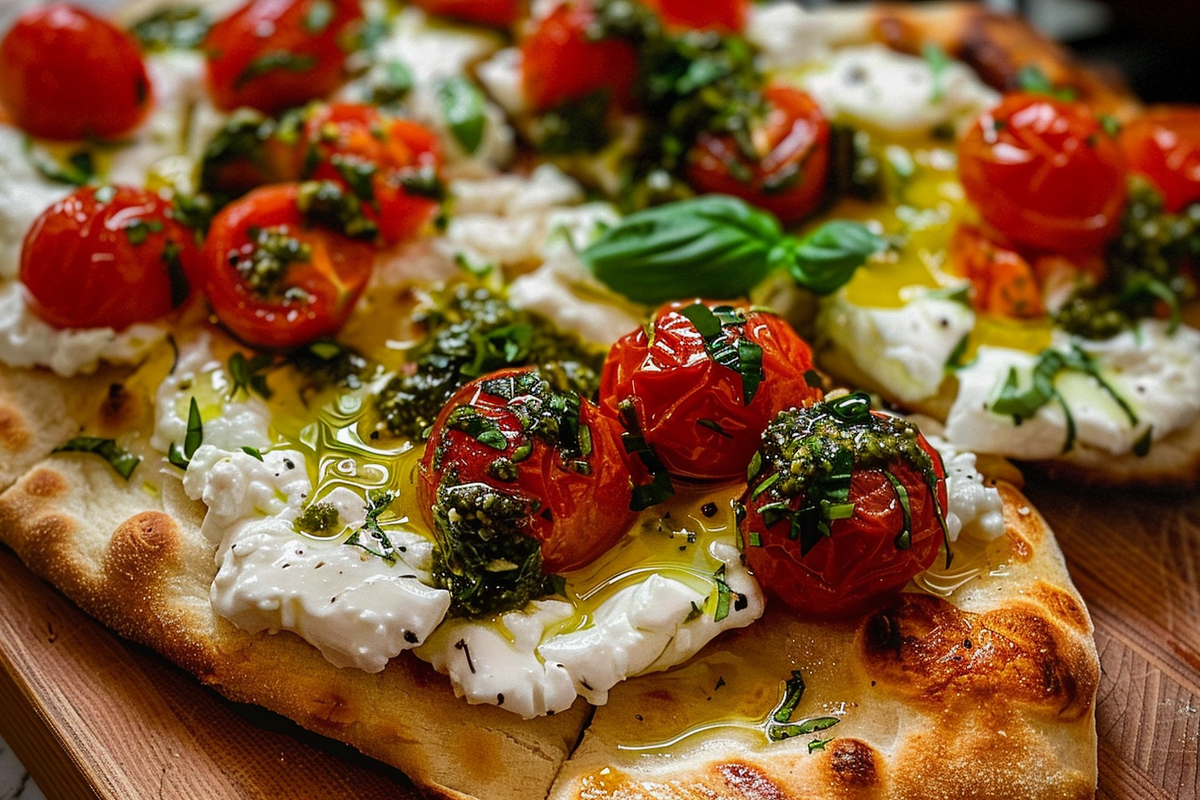 Flatbread with Burrata Roasted Cherry Tomatoes & Basil Oil