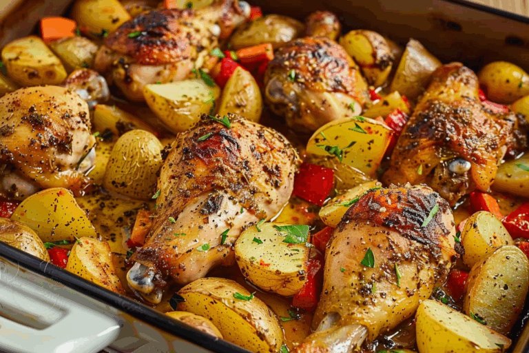 Oven-Baked Chicken Drumsticks with Herbed Potatoes and Veggies