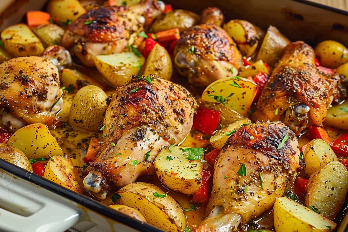 Oven-Baked Chicken Drumsticks with Herbed Potatoes and Veggies