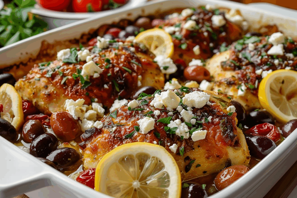 Mediterranean Chicken Bake with Lemon Olives & Feta