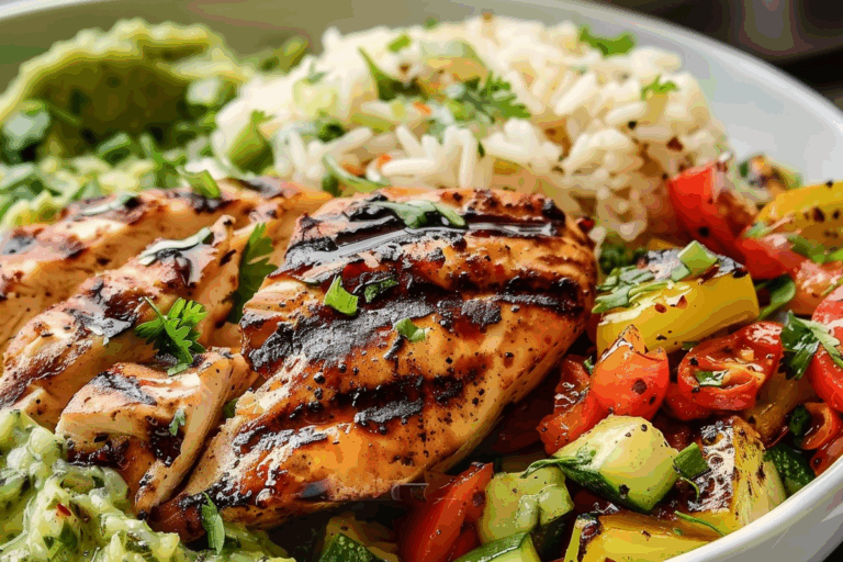 Ultimate Grilled Chicken Plate with Garlic Veggies & Fluffy Rice