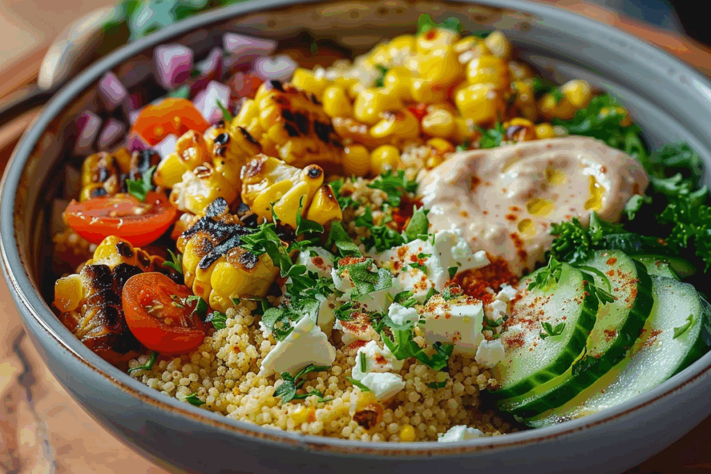 Mediterranean Couscous Bowl with Feta Grilled Corn & Lemon Tahini