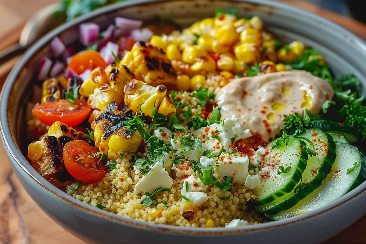 Mediterranean Couscous Bowl with Feta Grilled Corn & Lemon Tahini